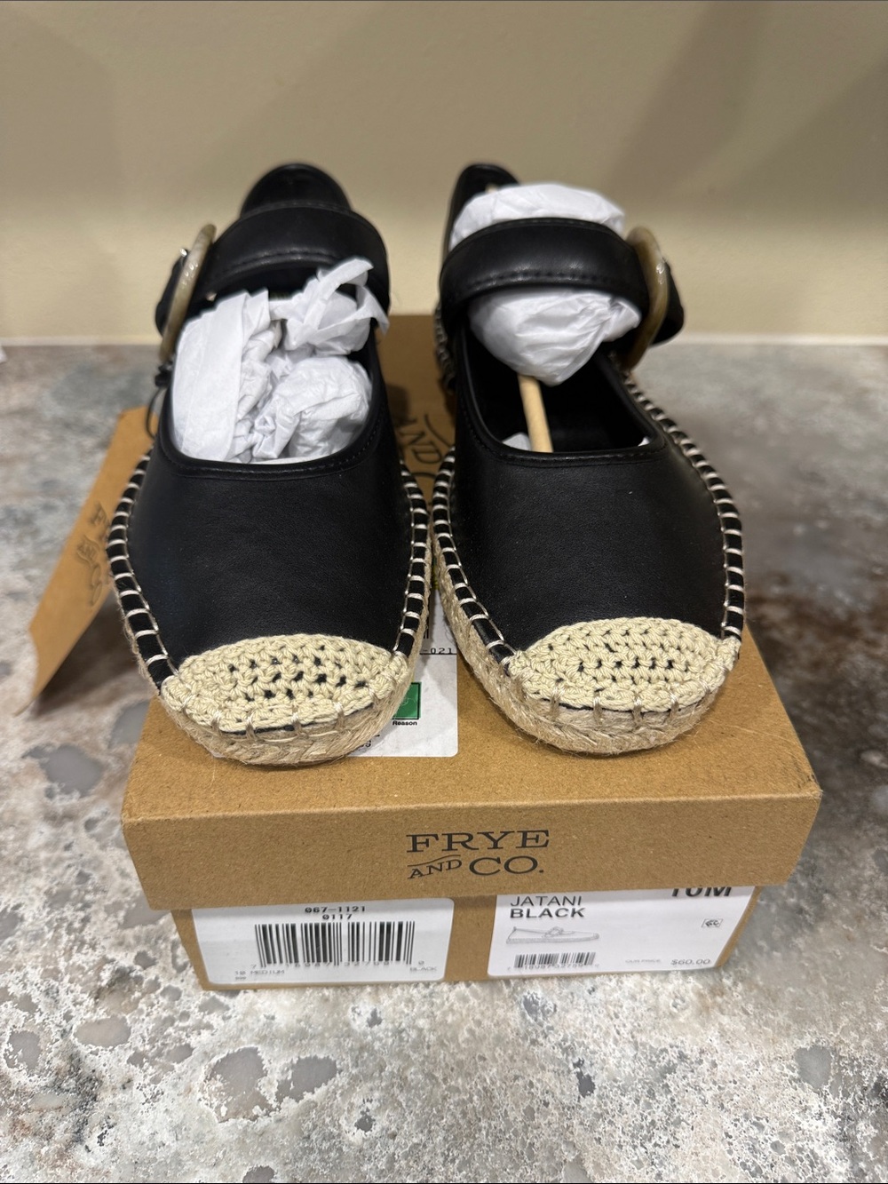 FRYE AND CO. Black Espadrille Flats with Natural Crochet Toe